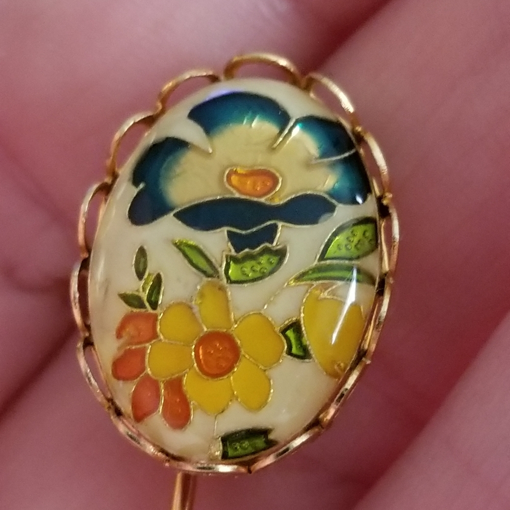 Vintage floral stickpin stick pin cloisonne enamel cabochon gold tone lapel - Picture 5 of 10